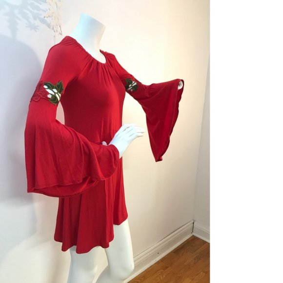 Stunning Bright red A-line flower embroidery cut-out mini summer tunic dress - Picture 6 of 6
